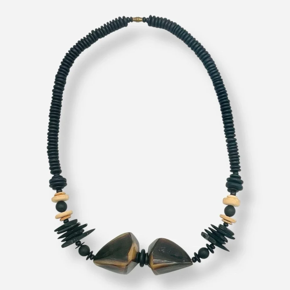 Vintage Chunky Carved Horn Beaded Statement Necklace Gerda Inspired Artsy Boho